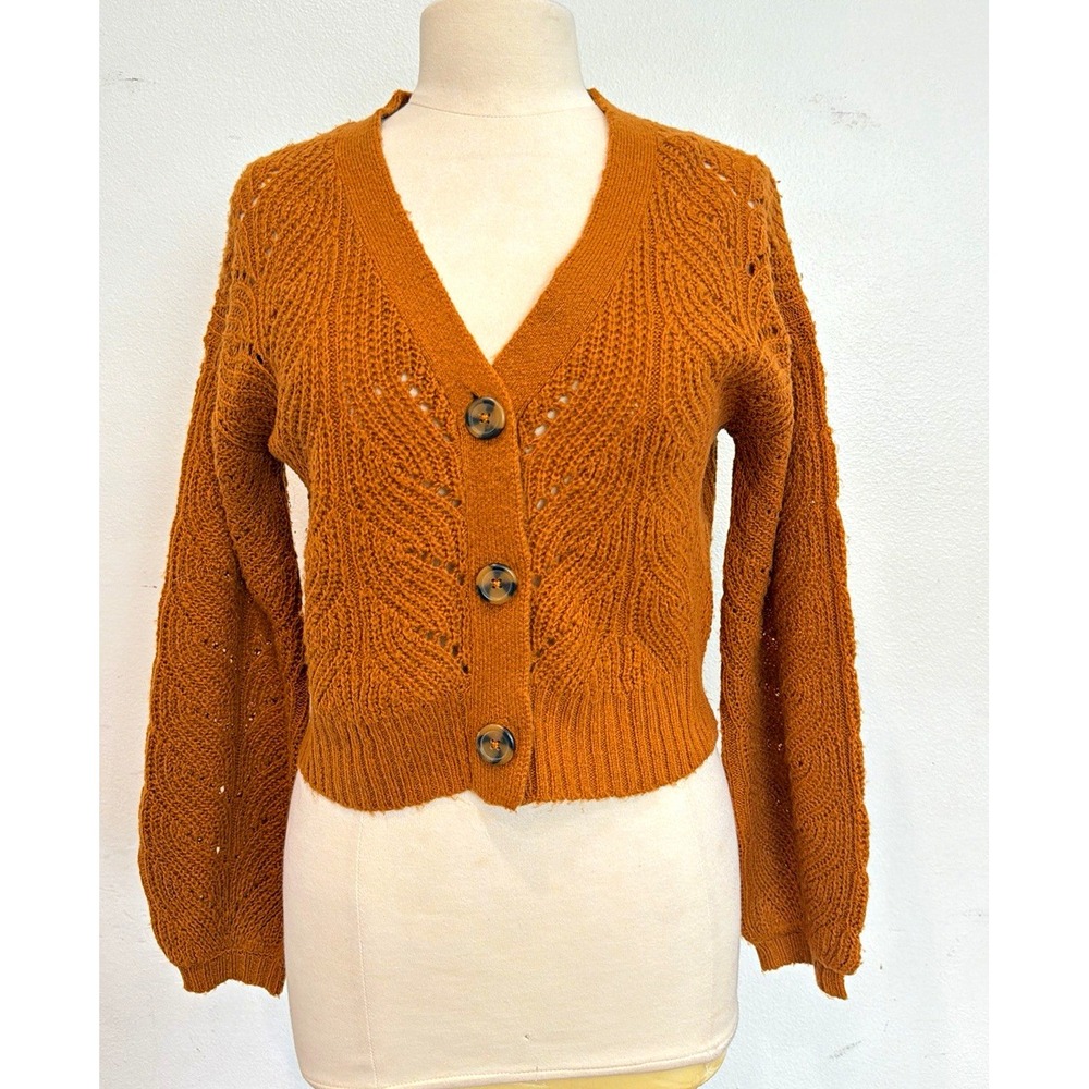 Moral Fiber Women's Brown Acrylic Open-Knit VNeck Button Cardigan Sweater L chic